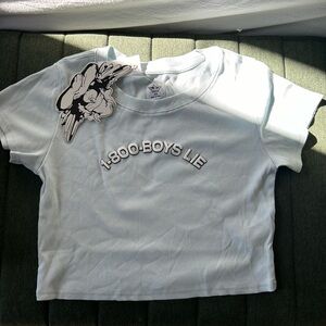 XS 1-800-BOYS-LIE baby blue crop top